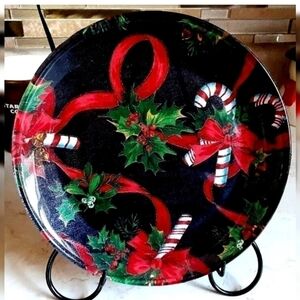Christmas Decorative‎ handmade 8" plate Holly Ribbon & Candy Canes